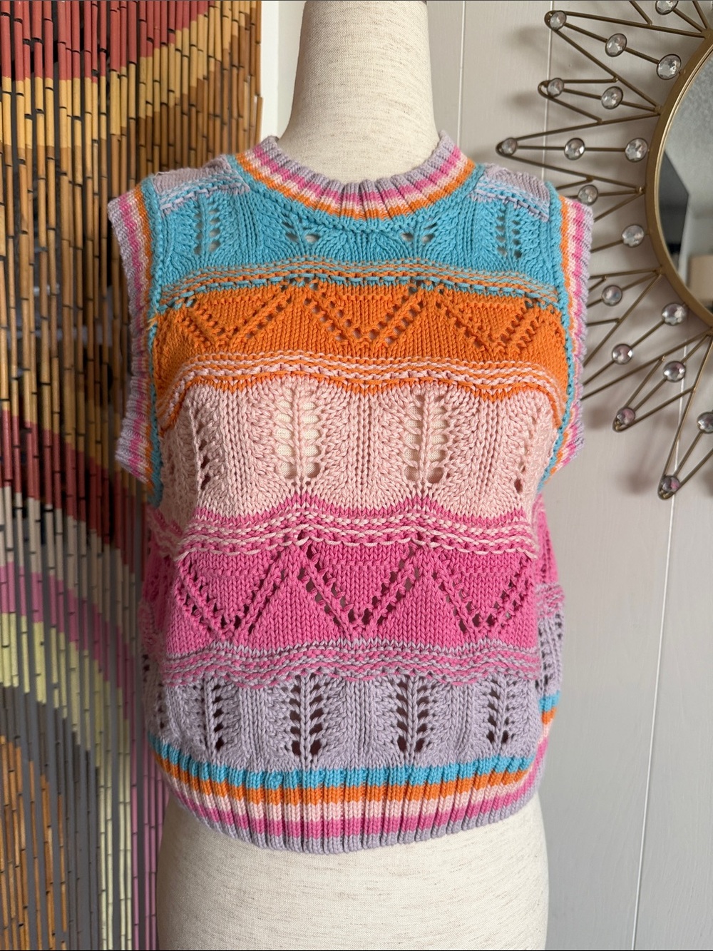 Multicolor Knit Sleeveless Sweater Vest - Pink, Orange & Blue